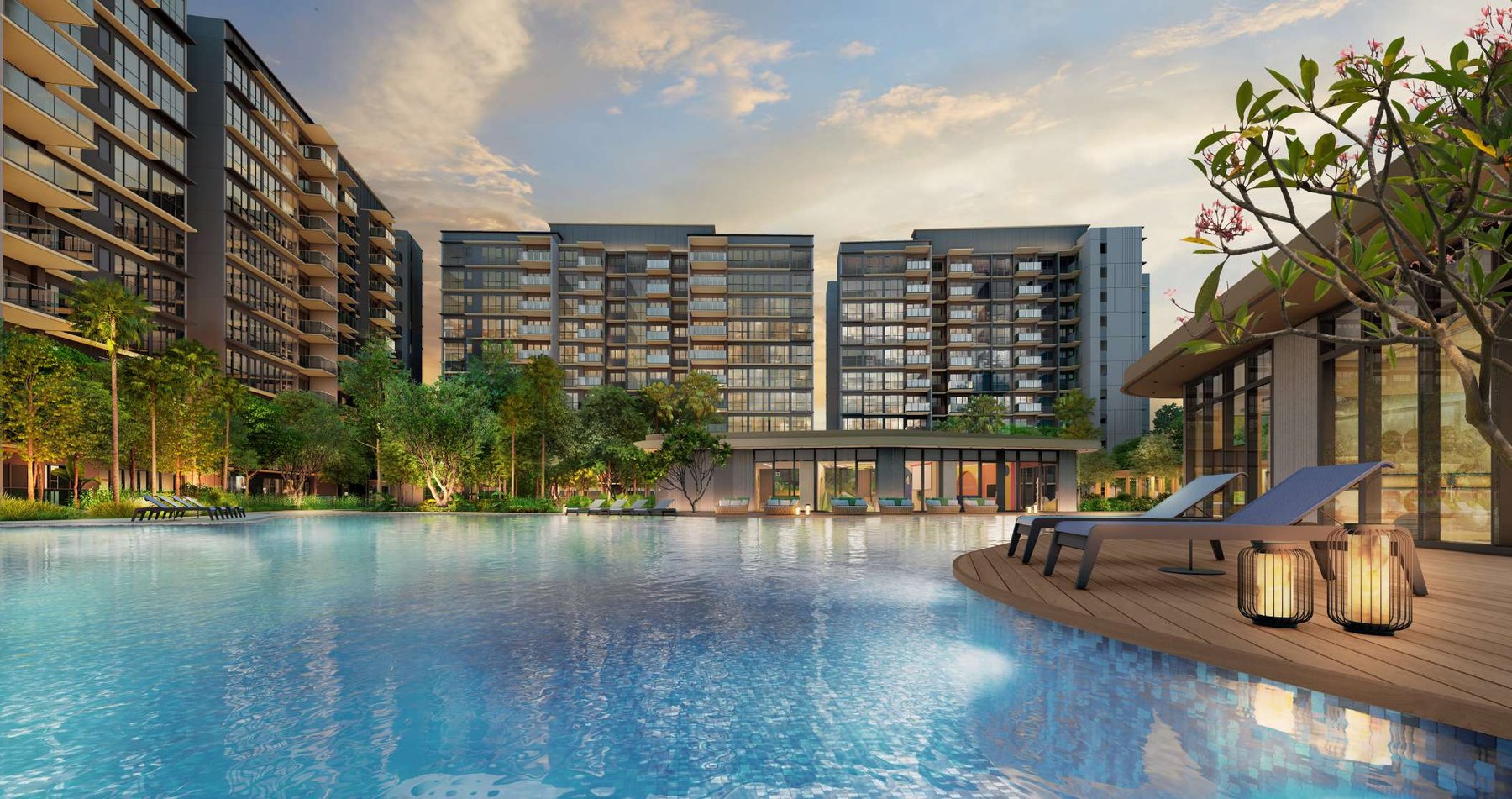 Pool and residential blocks at dusk (artist’s impression)
